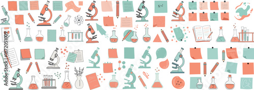 Colorful scientific illustrations featuring microscopes, lab equipment, and notes in a playful arrangement.
