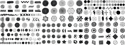 A collection of intricate black and white geometric patterns and symbols.