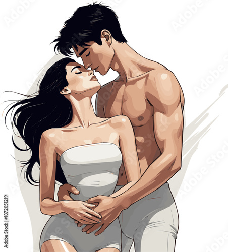 Create a realistic sexy romance young couple in love vector art with white background.