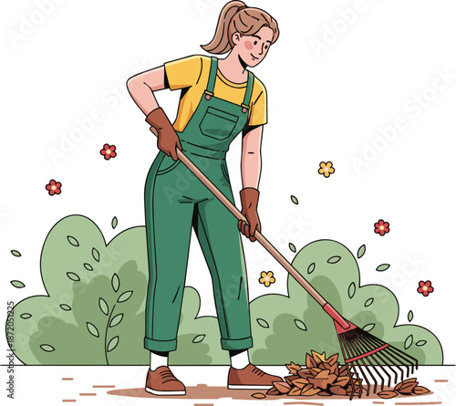 Create a realistic Woman in green dungarees working in the garden and raking vector art with white background.