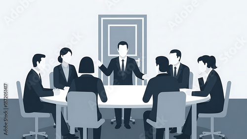 Business Meeting in Conference Room with Leader Standing at Head of Table