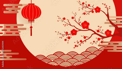 Celebrating lunar new year with blossoms and lanterns Vector, illustration