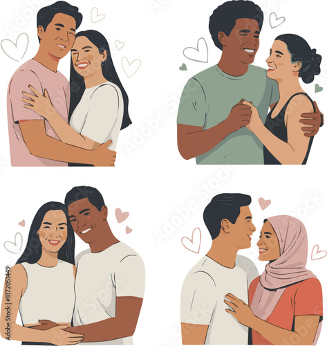 Create a kinds of deferent sexy young couple in love vector art with white background.