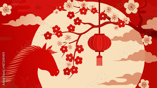 Silhouetted horse under cherry blossom tree Vector, illustration
