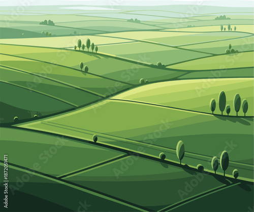 Create a Aerial view of a landscape with vast green fields vector art with white background..