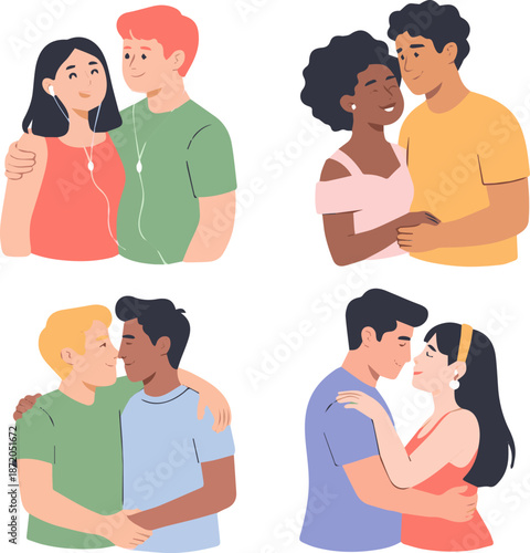Create a kinds of deferent sexy young couple in love vector art with white background.