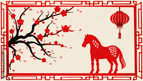Red horse and blossoming tree with lantern Vector, illustration