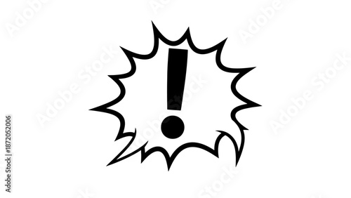 A bold black and white graphic illustration of an exclamation mark inside a jagged speech bubble, symbolizing surprise or emphasis.
