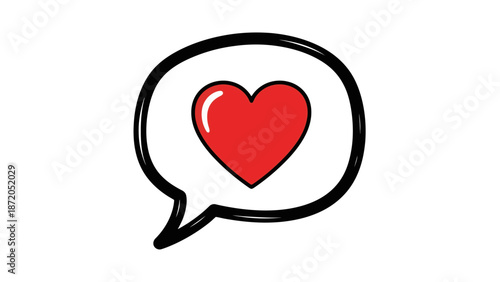 A simple, hand-drawn illustration of a red heart inside a black-outlined speech bubble, symbolizing love or affection being communicated.