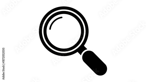A simple black and white graphic illustration of a magnifying glass, symbolizing search and discovery.