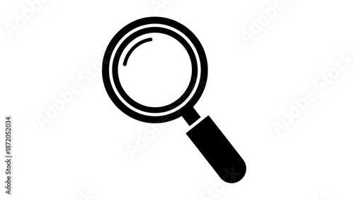 A simple, bold black and white illustration of a magnifying glass, symbolizing search and discovery.
