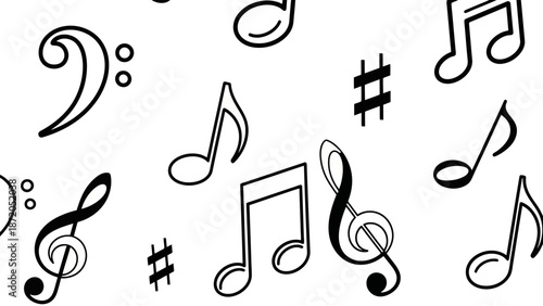 A collection of various musical notes and symbols, including treble clefs, bass clefs, and sharps, arranged in a scattered pattern on a white background.
