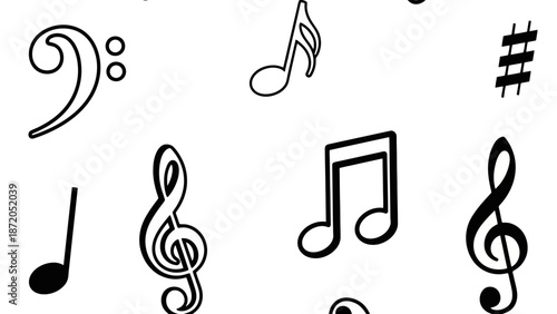 A collection of various musical notation symbols, including clefs, notes, and accidentals, presented in a simple black and white line art style.