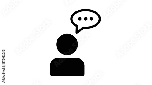 A simple black silhouette of a person with a speech bubble containing three dots above their head, symbolizing thought or communication.