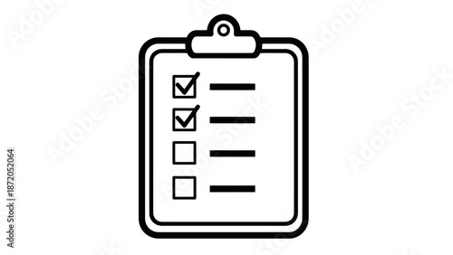 A black and white outline drawing of a clipboard with a checklist and checkboxes, two of which are marked.
