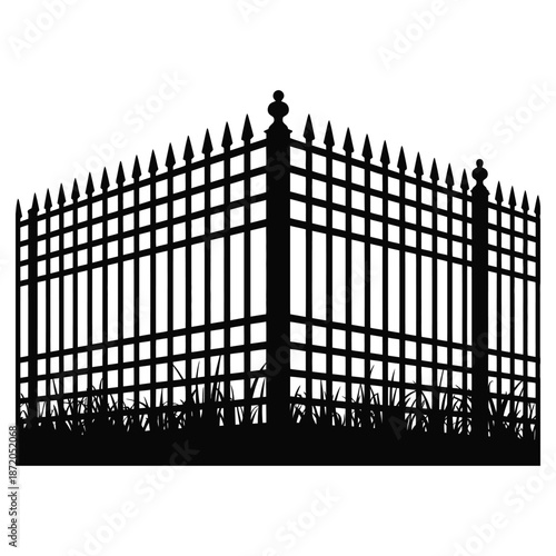 Wrought Iron Fence Silhouette with Decorative Spikes and Grass Illustration
