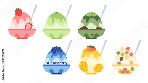 A vibrant collection of seven distinct flavors of shaved ice desserts, each artfully presented in a bowl with a spoon.