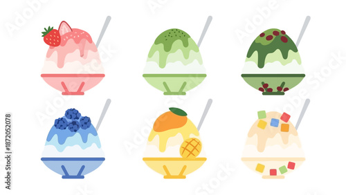 A vibrant collection of six distinct shaved ice desserts, each presented in a colorful bowl with a spoon, showcasing a variety of fruit and topping combinations.