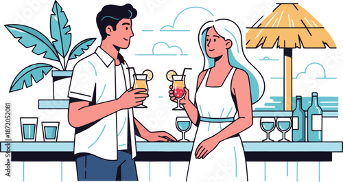 Create a Man and woman standing in a beach bar and drinking cocktails vector art with white background..