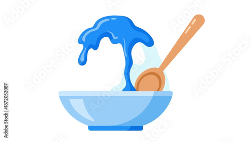 A blue, viscous liquid is being stirred in a light blue bowl with a wooden spoon, creating a bubbly, foamy texture.