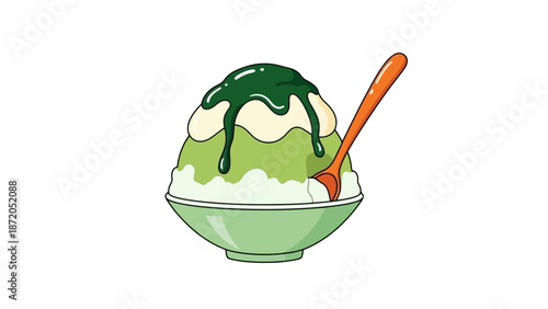 A refreshing bowl of green tea shaved ice dessert topped with sweet condensed milk and a drizzle of matcha syrup, served with an orange spoon.