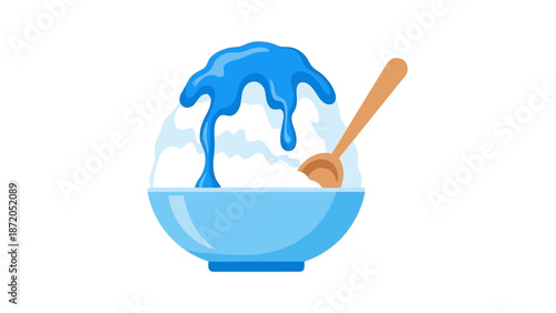 A refreshing blue shaved ice dessert in a light blue bowl with a wooden spoon, perfect for a hot summer day.
