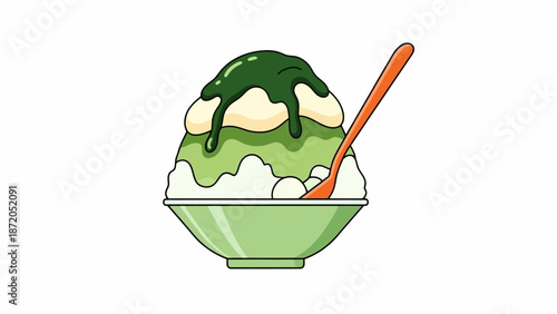 A refreshing bowl of green tea shaved ice dessert topped with sweet condensed milk and a drizzle of matcha syrup, served with an orange spoon.