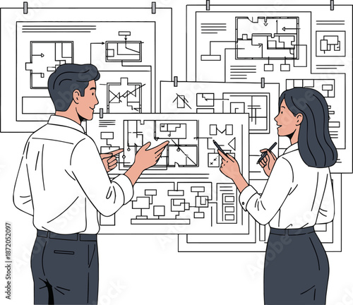 Create a Man and woman standing and looking at large paper drawings and discussing plans vector art with white background.