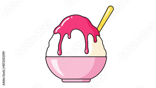A refreshing bowl of shaved ice topped with vibrant pink syrup and a yellow spoon, perfect for a hot summer day.