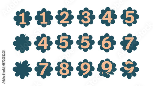 A collection of numbers from 1 to 9 presented in a floral, decorative style with a dark teal background and light beige numbers.