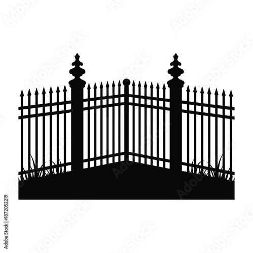 Wrought Iron Fence Silhouette with Decorative Spikes and Grass Illustration