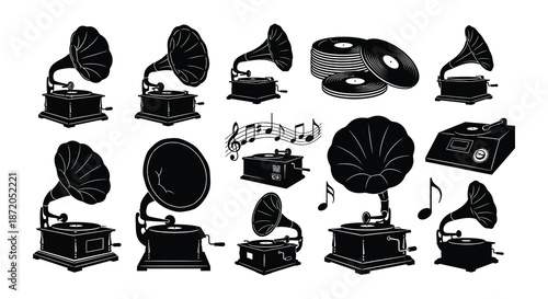 Vintage gramophones vinyl records and musical notes in a monochrome illustration