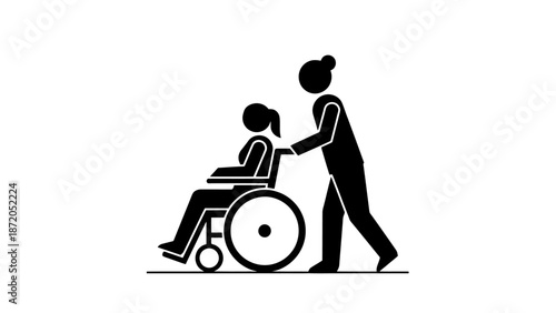A black and white pictogram of a person pushing another person in a wheelchair, symbolizing care and assistance.