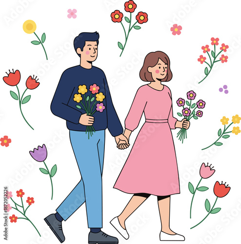 Create a Man and woman with flowers walking vector art with white background..