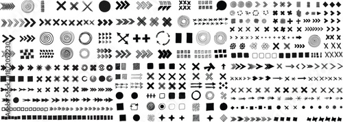 A diverse collection of black and white graphic shapes and symbols on a white backdrop, perfect for design use.