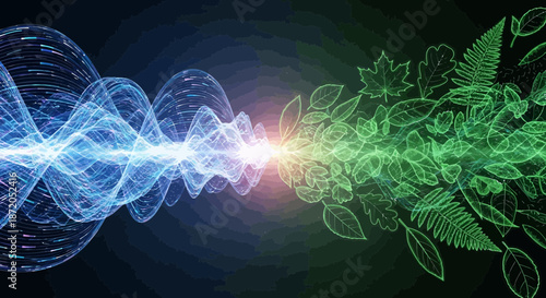 Abstract visualization of energy wave transforming into organic plant life concept