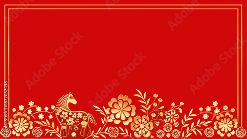 Elegant red background with golden horse and floral design Vector, illustration