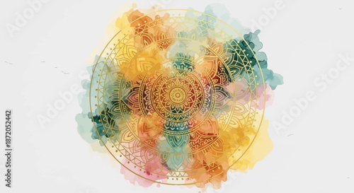 Abstract watercolor mandala with golden details providing a spiritual and artistic feel