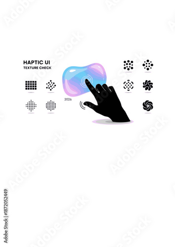 Haptic UI and Texture Check Silhouette. Hand Touching Puffy Holographic Interface for 2026 Sensory Tech and Soft Minimalism Concept Vector Illustration.