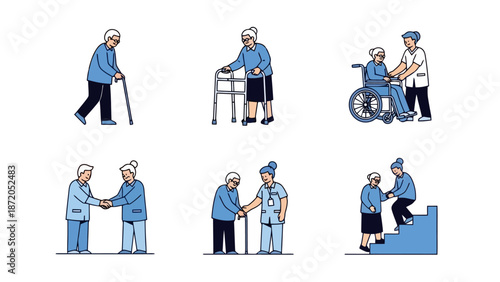 Illustrations depicting elderly people receiving assistance and care from caregivers in various scenarios, including walking with aids, using wheelchairs, and navigating stairs.