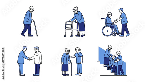 Illustrations depicting elderly people receiving assistance and care from younger individuals in various scenarios.