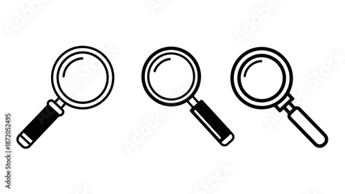 Three simple black and white line art illustrations of magnifying glasses, each with a handle and a circular lens.