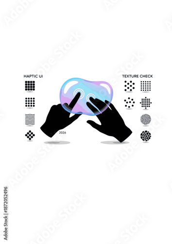 Haptic UI and Texture Check Silhouette. Hand Touching Puffy Holographic Interface for 2026 Sensory Tech and Soft Minimalism Concept Vector Illustration.