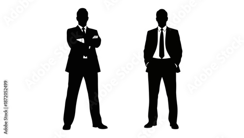 Two Silhouetted Businessmen in Suits Standing Against a White Background.