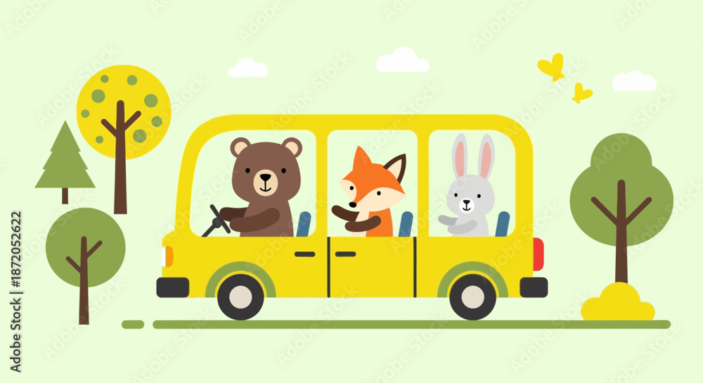 Naklejka premium Adorable cartoon animals driving a yellow car through a scenic landscape design