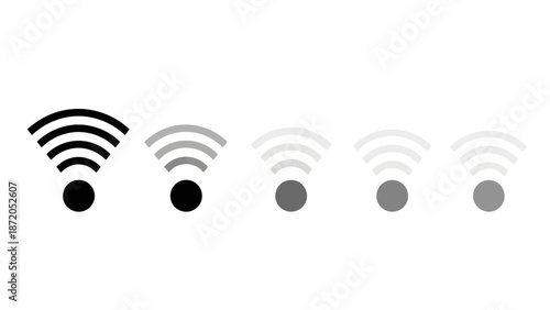 A visual representation of a Wi-Fi signal strength indicator, showing a progression from full signal to weak signal.
