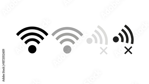 Four distinct Wi-Fi signal strength icons illustrating connection levels from strong to disconnected.