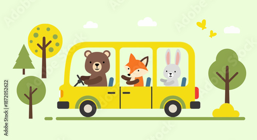 Adorable cartoon animals driving a yellow car through a scenic landscape design