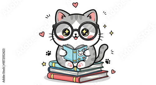 Adorable Cartoon Cat Reading a Book While Sitting on a Stack of Books with Glasses
