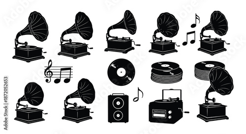 Vintage gramophones vinyl records and musical notes in a monochrome illustration